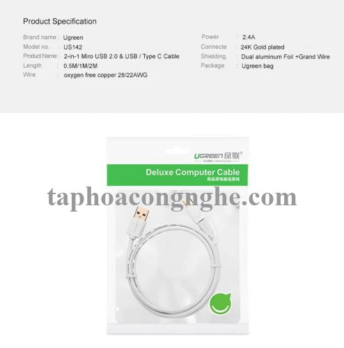 Ugreen 30170 0.5M màu trắng Cáp USB-A sang Micro USB + USB-C cao cấp US142 30030170